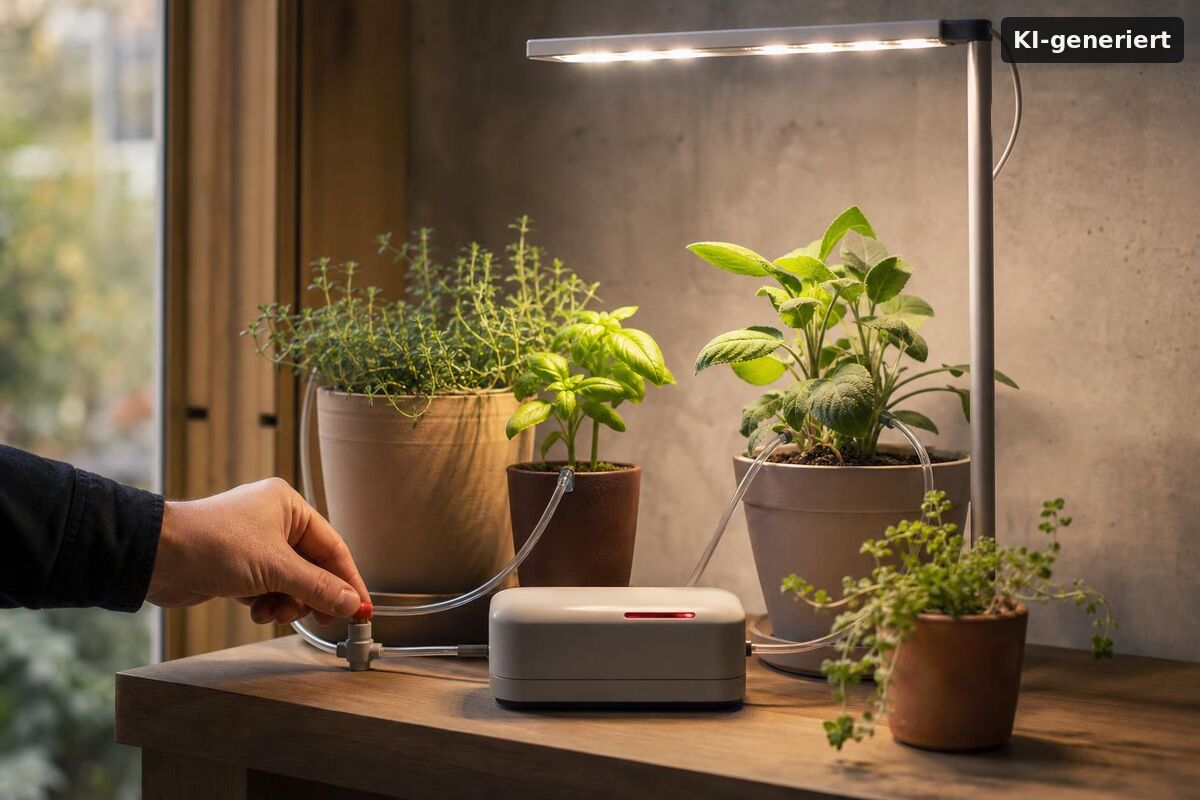 Illustration KI-generiert: Vergleich: Automatik-Bewässerung und Beleuchtung für Indoor-Gärten